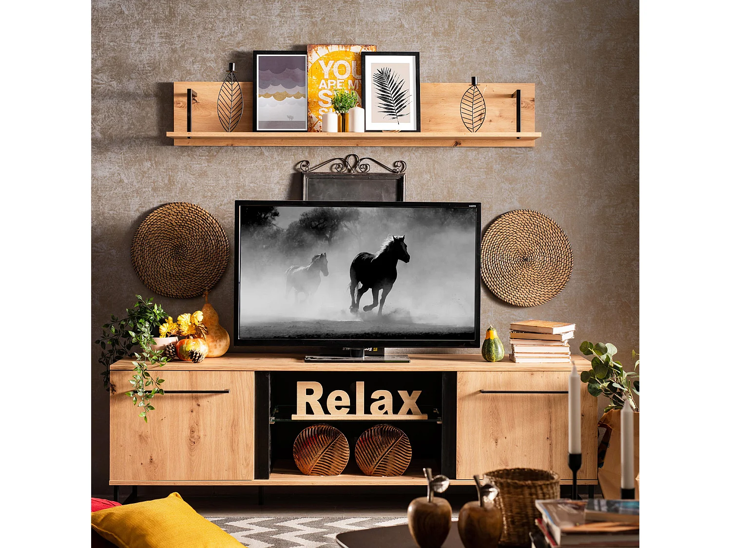 Zestaw mebli do salonu 84,5x193x35 cm, 170x54x42 cm, 137,5x24x21 cm, 84,5x153x35 cm, naturalny i czarny, styl industrialny