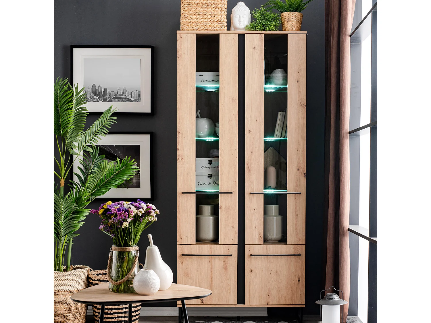 Zestaw mebli do salonu 84,5x193x35 cm, 170x54x42 cm, 137,5x24x21 cm, 84,5x153x35 cm, naturalny i czarny, styl industrialny