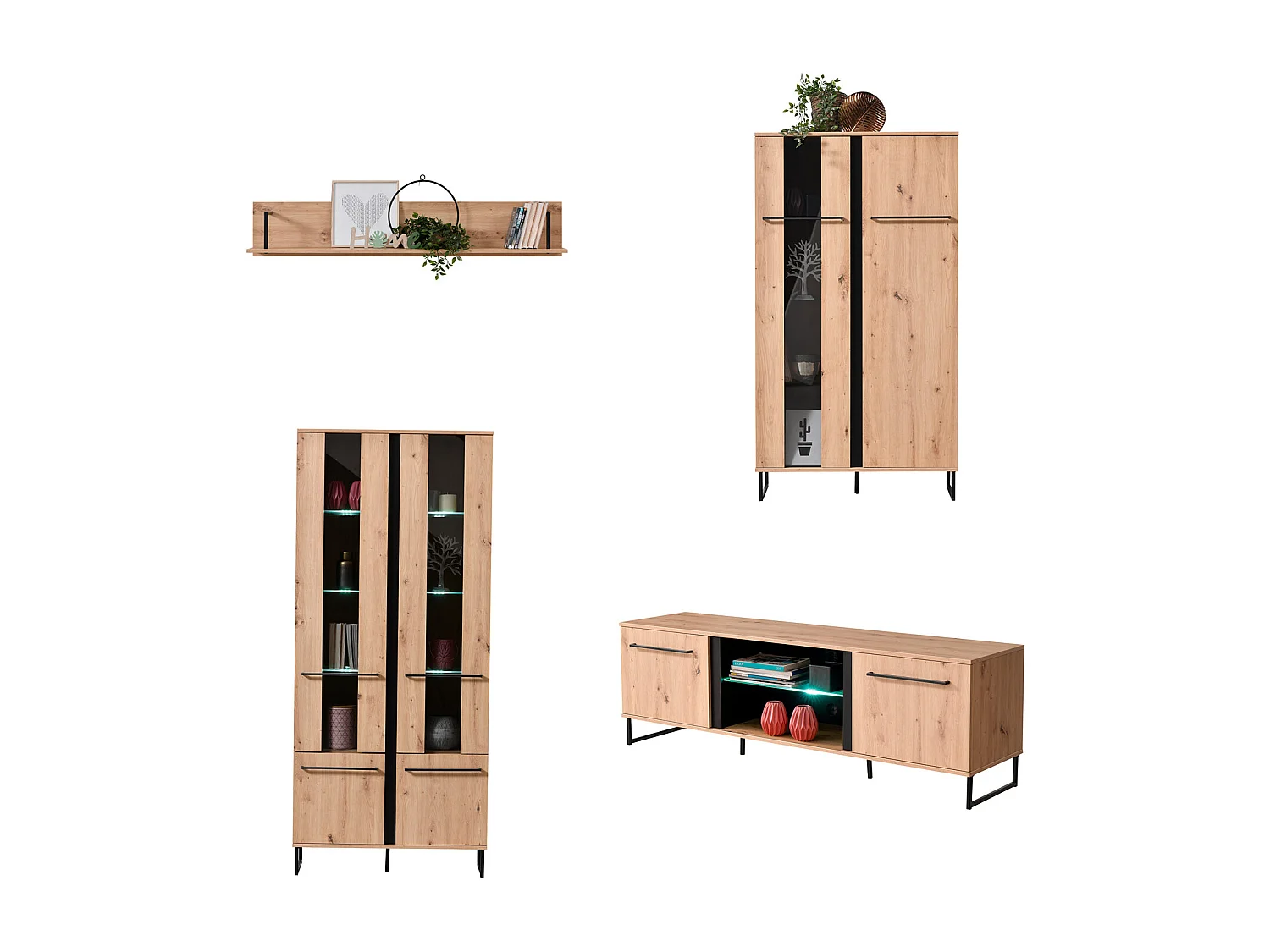 Zestaw mebli do salonu 84,5x193x35 cm, 170x54x42 cm, 137,5x24x21 cm, 84,5x153x35 cm, naturalny i czarny, styl industrialny