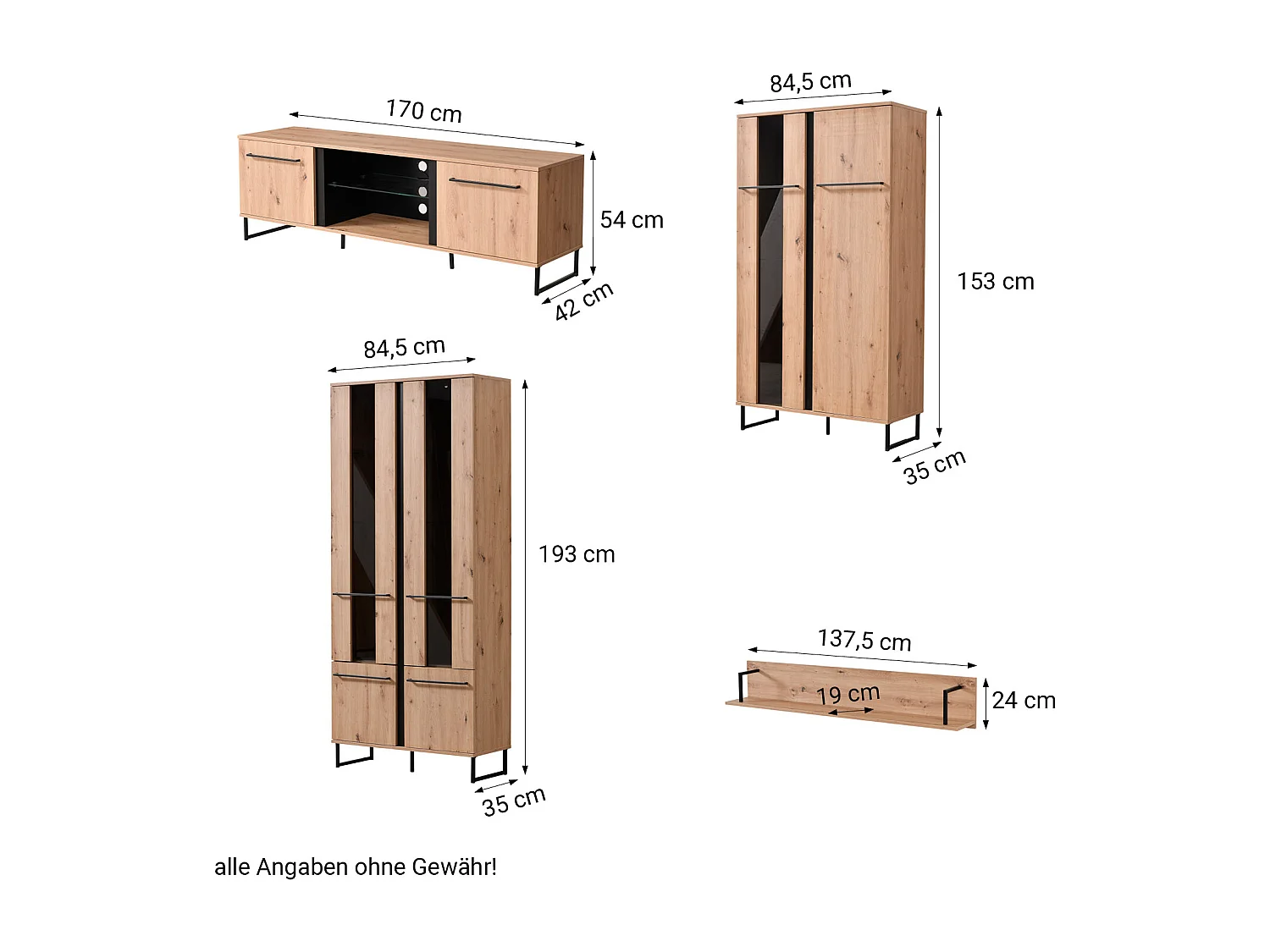 Zestaw mebli do salonu 84,5x193x35 cm, 170x54x42 cm, 137,5x24x21 cm, 84,5x153x35 cm, naturalny i czarny, styl industrialny