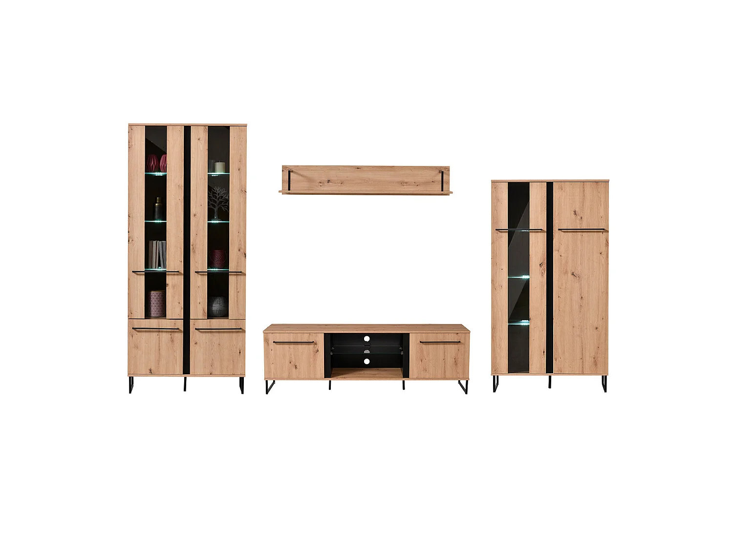 Ensemble de salon 84.5x193x35 cm, 170x54x42 cm, 137.5x24x21 cm, 84.5x153x35 cm Naturel et Noir Style Industriel