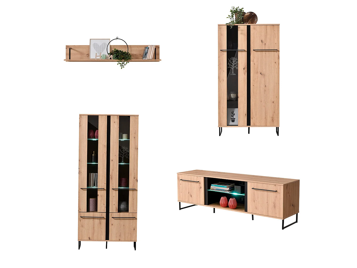 Ensemble de salon 84.5x193x35 cm, 170x54x42 cm, 137.5x24x21 cm, 84.5x153x35 cm Naturel et Noir Style Industriel