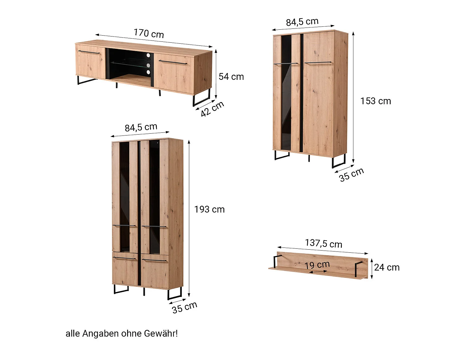 Ensemble de salon 84.5x193x35 cm, 170x54x42 cm, 137.5x24x21 cm, 84.5x153x35 cm Naturel et Noir Style Industriel