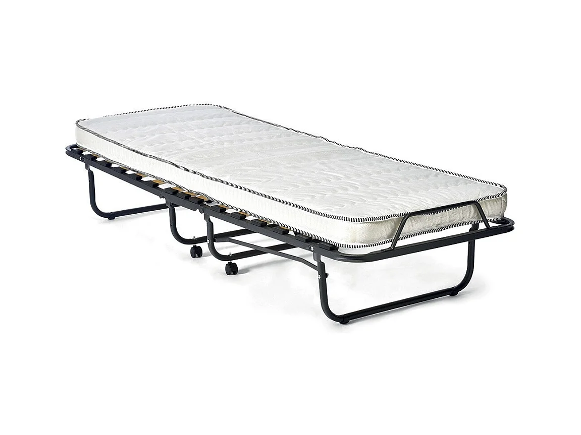 Lit pliant NAZARE – 90x200 cm en métal noir avec roulettes, sommier et matelas inclus