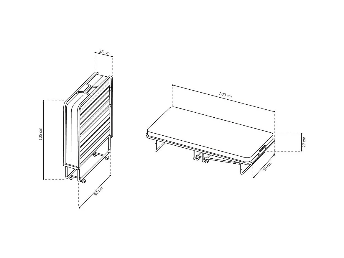 Lit pliant NAZARE – 90x200 cm en métal noir avec roulettes, sommier et matelas inclus