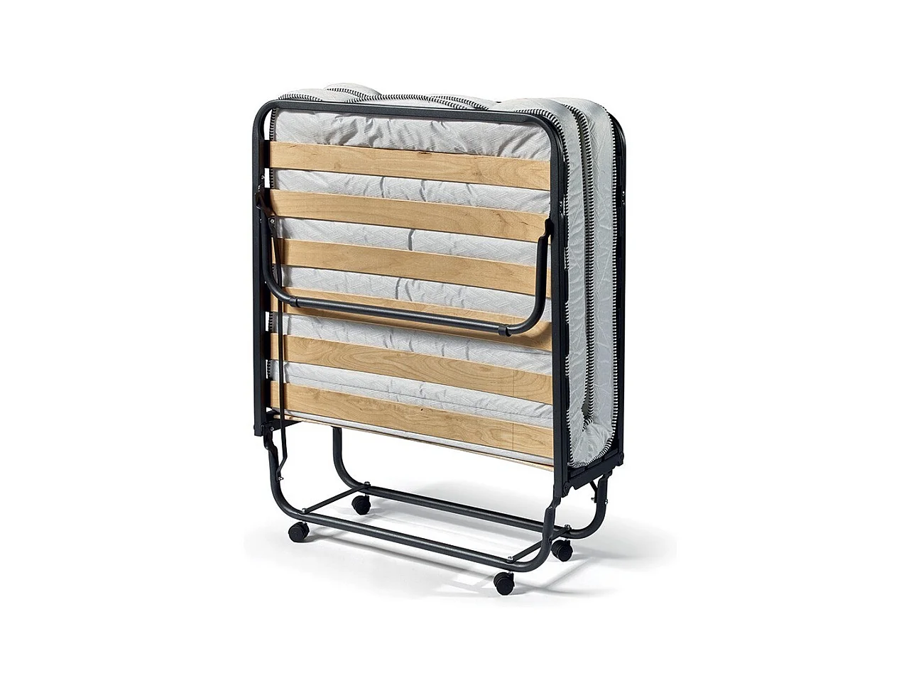 Lit pliant NAZARE – 90x200 cm en métal noir avec roulettes, sommier et matelas inclus