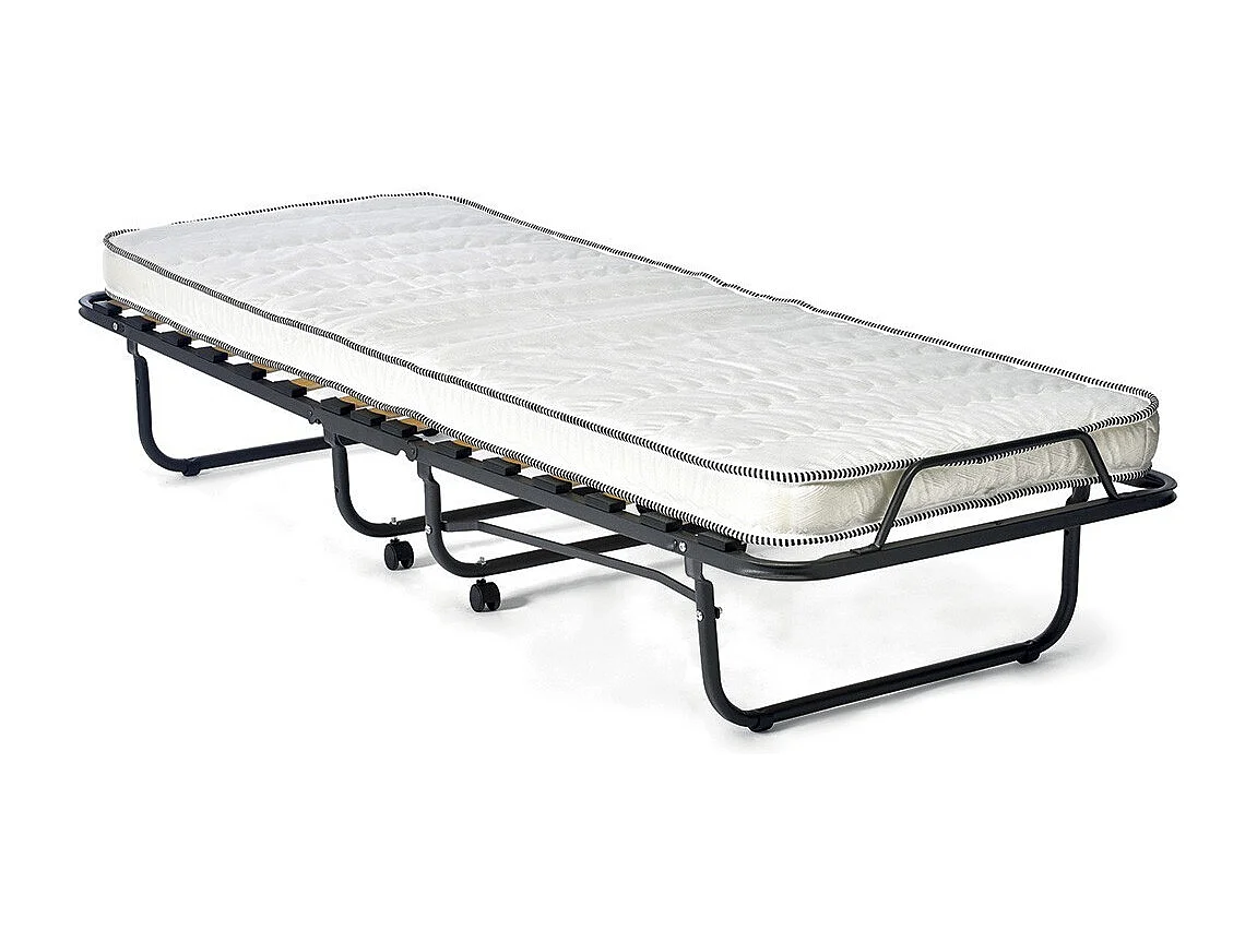 Lit pliant NAZARE – 90x200 cm en métal noir avec roulettes, sommier et matelas inclus