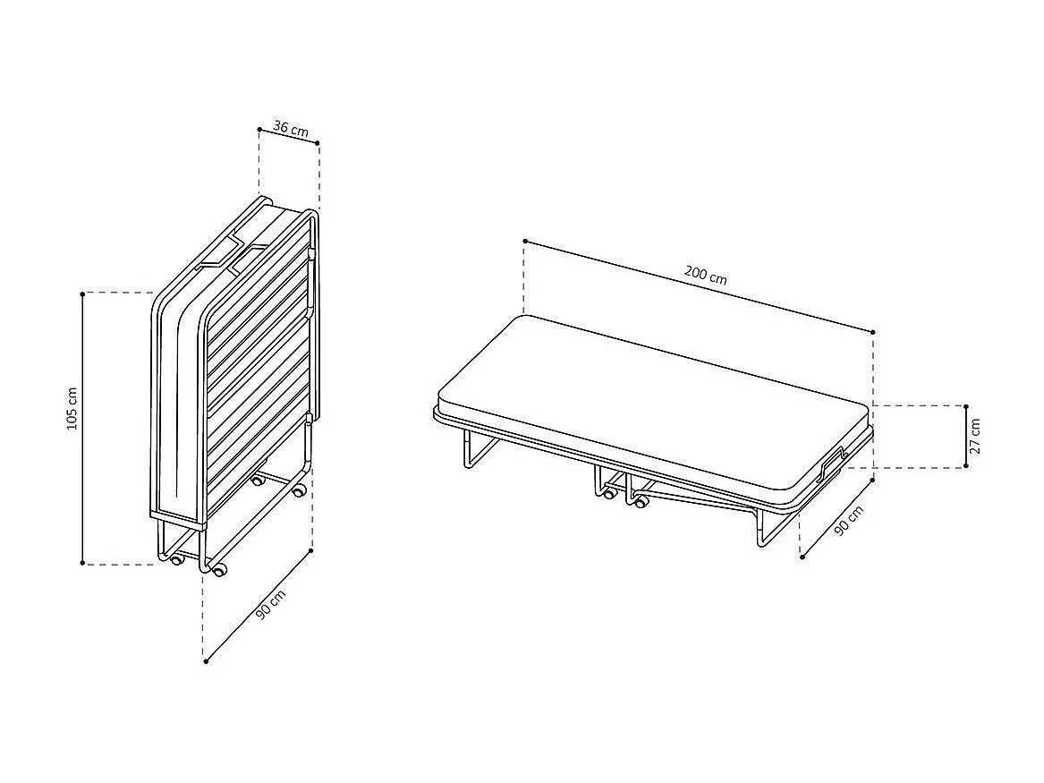 Lit pliant NAZARE – 90x200 cm en métal noir avec roulettes, sommier et matelas inclus