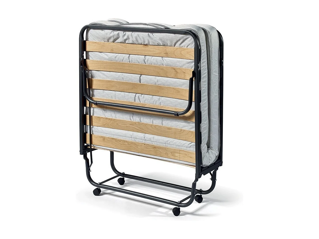 Lit pliant NAZARE – 90x200 cm en métal noir avec roulettes, sommier et matelas inclus