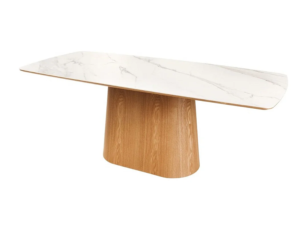 Mesa de comedor LUMEA – Rectangular 200 cm – Tablero cerámico efecto mármol blanco y pata aspecto madera clara
