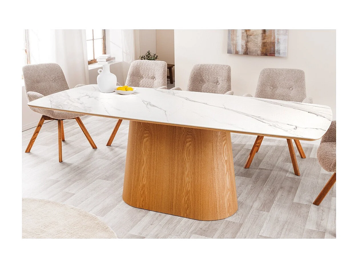 Mesa de comedor LUMEA – Rectangular 200 cm – Tablero cerámico efecto mármol blanco y pata aspecto madera clara