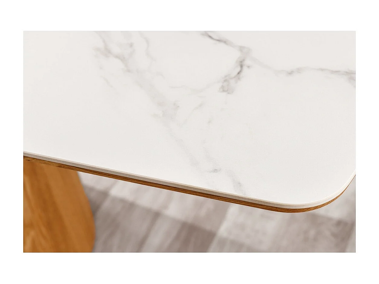 Mesa de comedor LUMEA – Rectangular 200 cm – Tablero cerámico efecto mármol blanco y pata aspecto madera clara