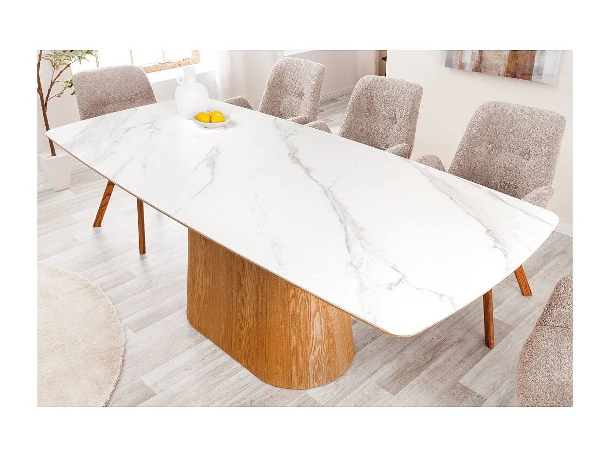 Mesa de comedor LUMEA – Rectangular 200 cm – Tablero cerámico efecto mármol blanco y pata aspecto madera clara