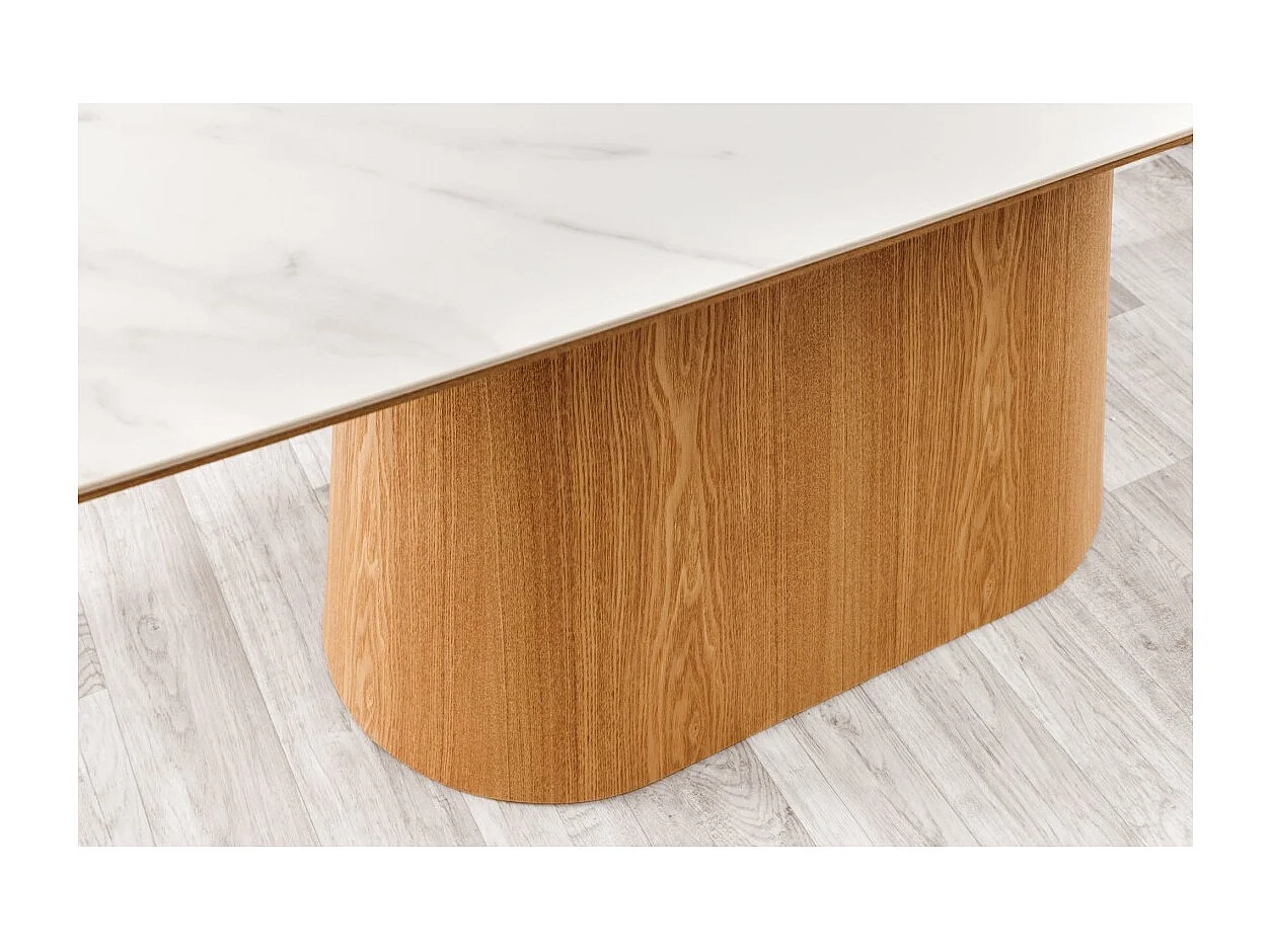 Mesa de comedor LUMEA – Rectangular 200 cm – Tablero cerámico efecto mármol blanco y pata aspecto madera clara