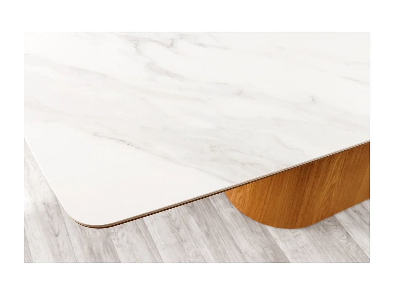 Mesa de comedor LUMEA – Rectangular 200 cm – Tablero cerámico efecto mármol blanco y pata aspecto madera clara