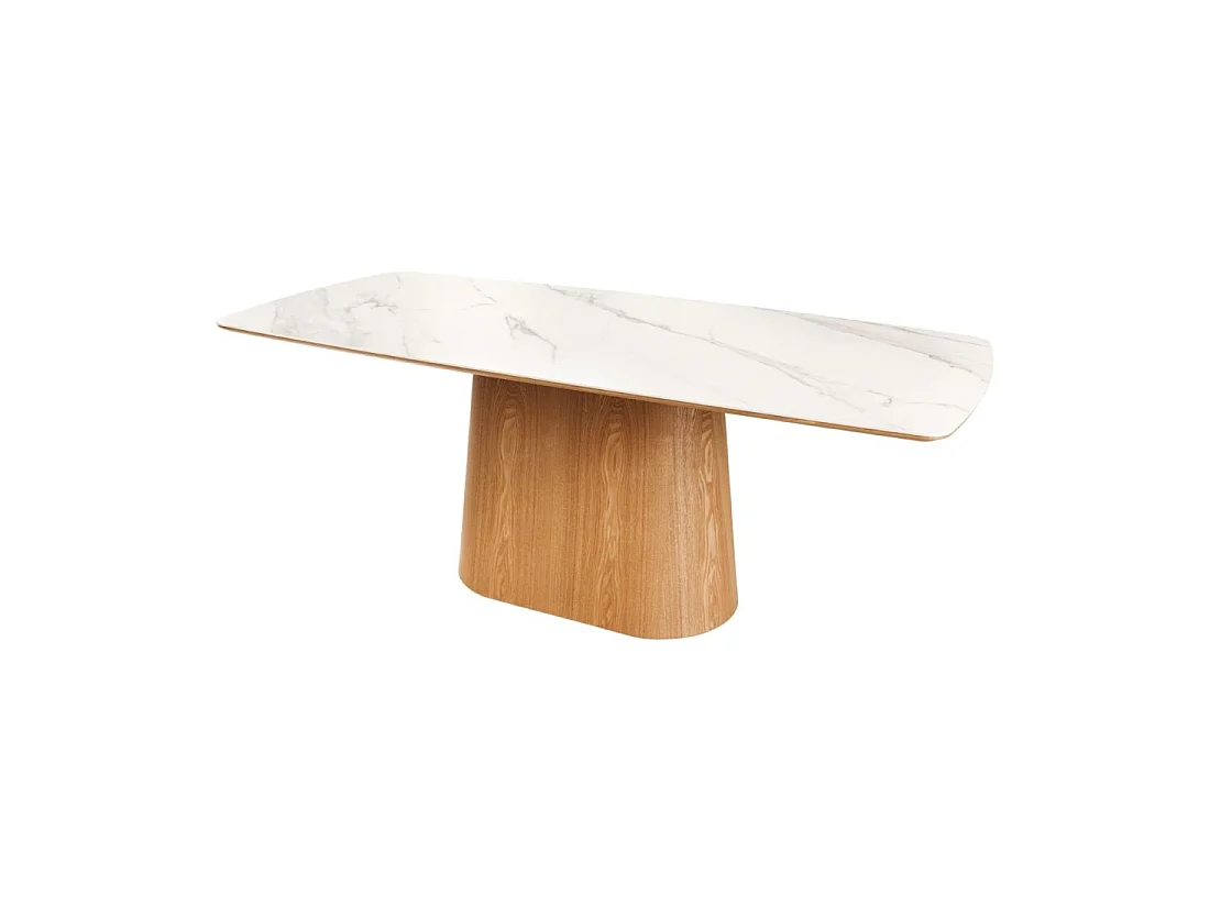 Mesa de comedor LUMEA – Rectangular 200 cm – Tablero cerámico efecto mármol blanco y pata aspecto madera clara