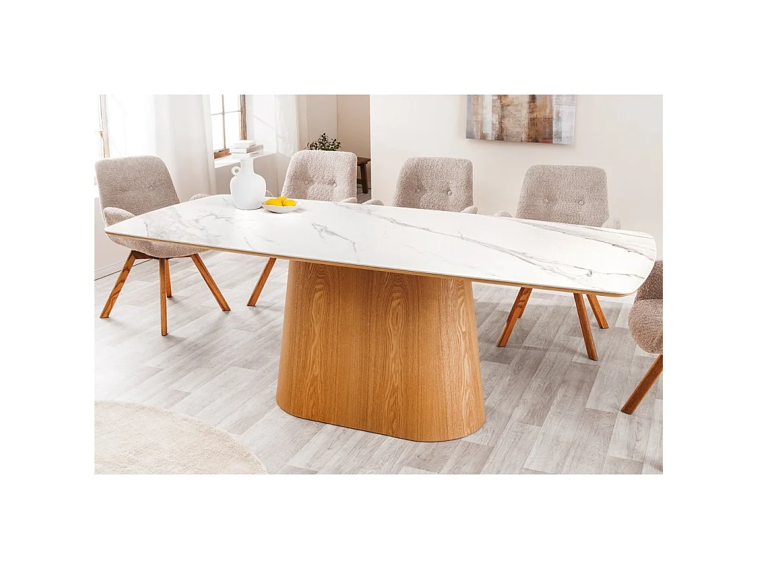 Mesa de comedor LUMEA – Rectangular 200 cm – Tablero cerámico efecto mármol blanco y pata aspecto madera clara