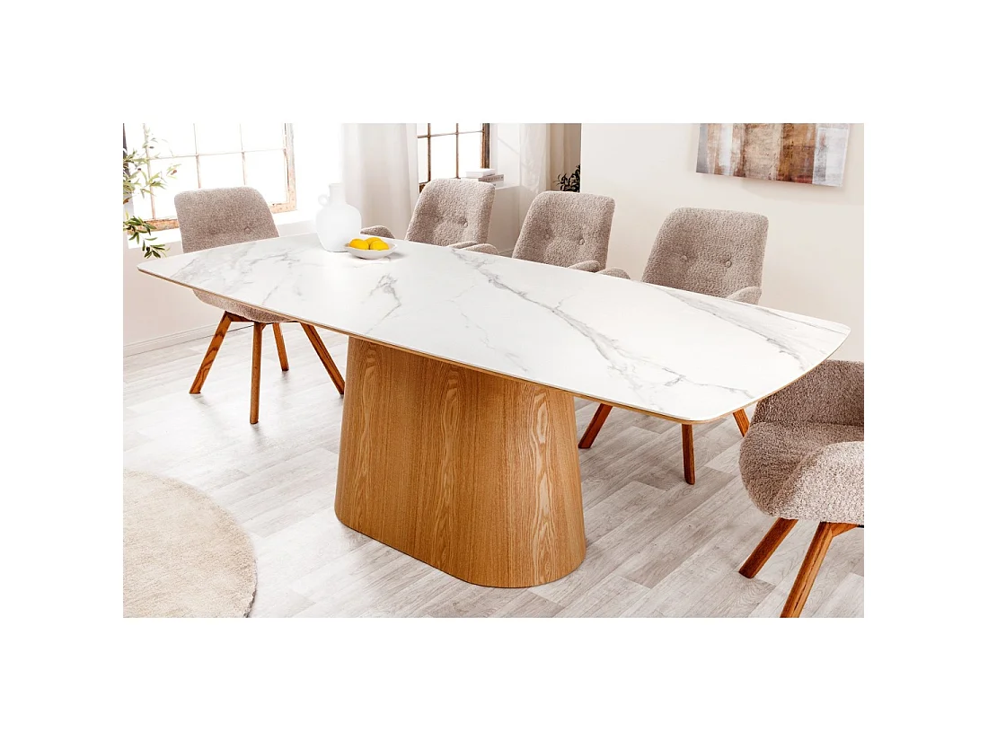 Mesa de comedor LUMEA – Rectangular 200 cm – Tablero cerámico efecto mármol blanco y pata aspecto madera clara