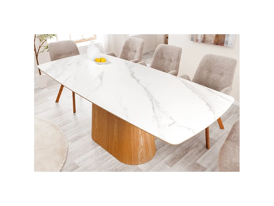 Mesa de comedor LUMEA – Rectangular 200 cm – Tablero cerámico efecto mármol blanco y pata aspecto madera clara