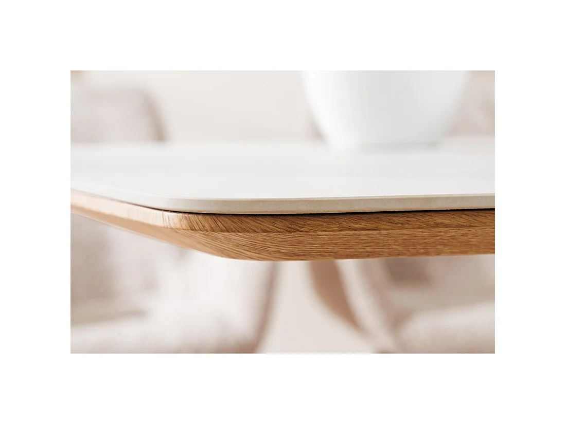 Mesa de comedor LUMEA – Rectangular 200 cm – Tablero cerámico efecto mármol blanco y pata aspecto madera clara