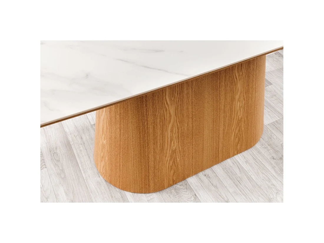 Mesa de comedor LUMEA – Rectangular 200 cm – Tablero cerámico efecto mármol blanco y pata aspecto madera clara