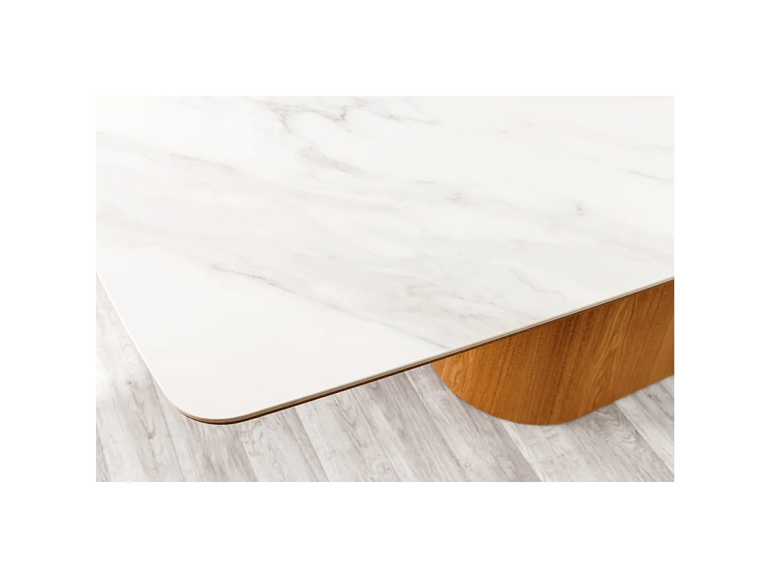 Mesa de comedor LUMEA – Rectangular 200 cm – Tablero cerámico efecto mármol blanco y pata aspecto madera clara