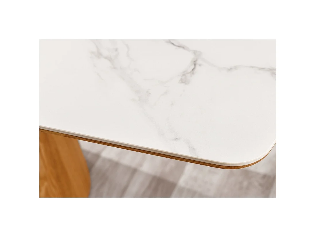 Mesa de comedor LUMEA – Rectangular 200 cm – Tablero cerámico efecto mármol blanco y pata aspecto madera clara