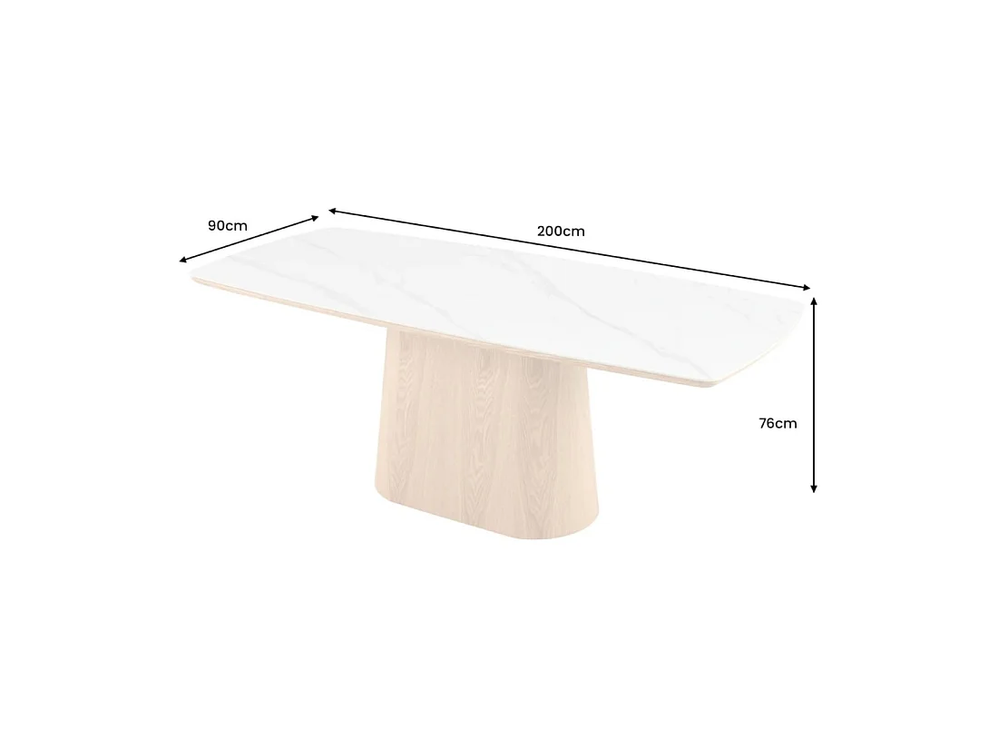 Mesa de comedor LUMEA – Rectangular 200 cm – Tablero cerámico efecto mármol blanco y pata aspecto madera clara