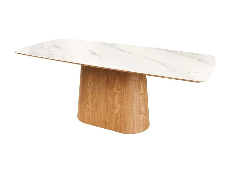 Mesa de comedor LUMEA – Rectangular 200 cm – Tablero cerámico efecto mármol blanco y pata aspecto madera clara