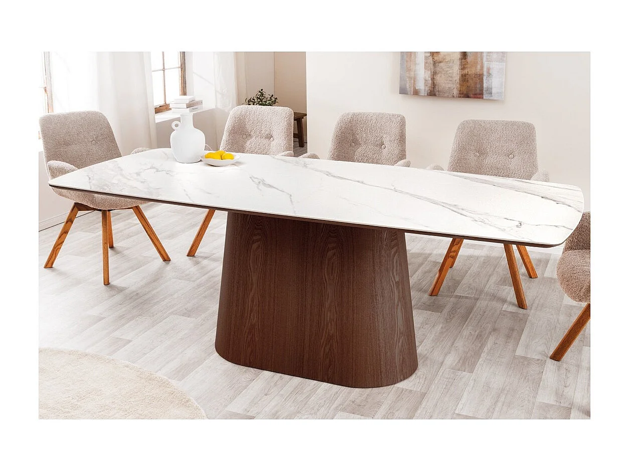 Rechthoekige tafel LUMEA – 200 cm – Tafelblad van keramiek met wit marmer effect en donker houten poot – Hedendaagse stijl