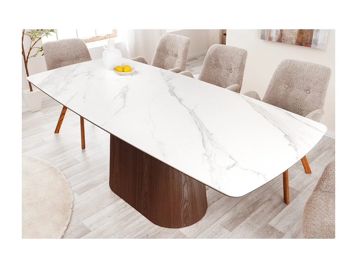 Rechthoekige tafel LUMEA – 200 cm – Tafelblad van keramiek met wit marmer effect en donker houten poot – Hedendaagse stijl