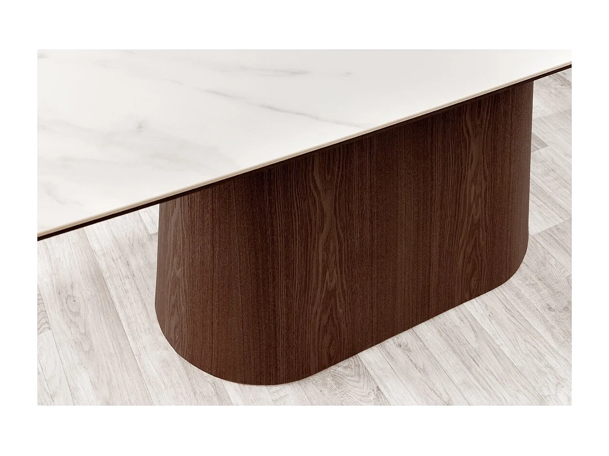 Rechthoekige tafel LUMEA – 200 cm – Tafelblad van keramiek met wit marmer effect en donker houten poot – Hedendaagse stijl