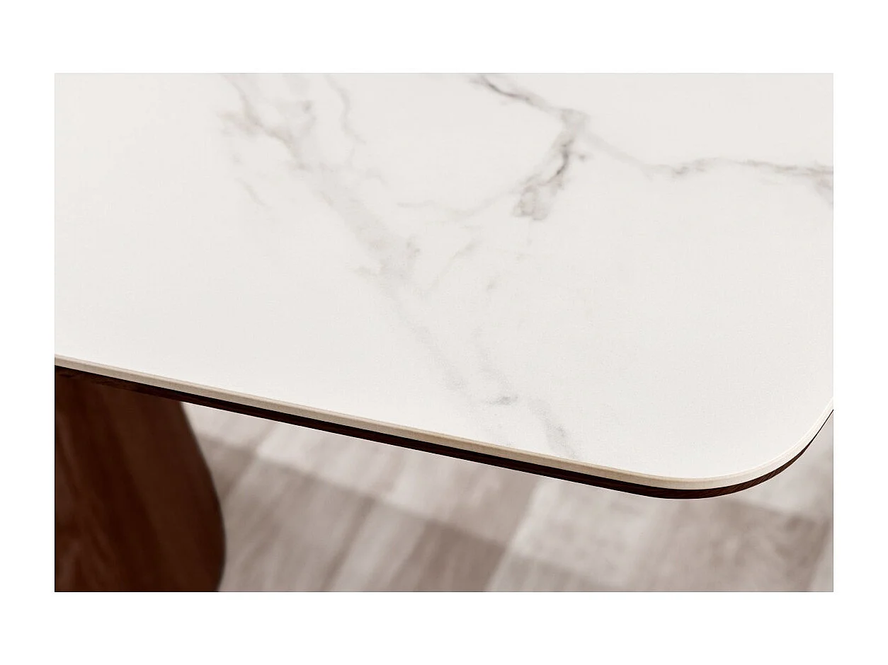 Rechthoekige tafel LUMEA – 200 cm – Tafelblad van keramiek met wit marmer effect en donker houten poot – Hedendaagse stijl