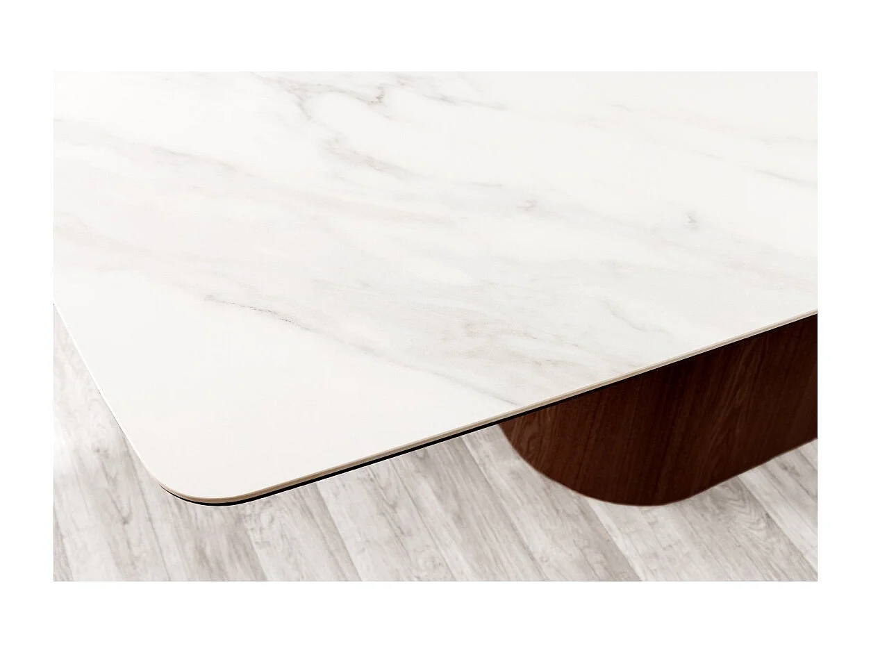 Rechthoekige tafel LUMEA – 200 cm – Tafelblad van keramiek met wit marmer effect en donker houten poot – Hedendaagse stijl