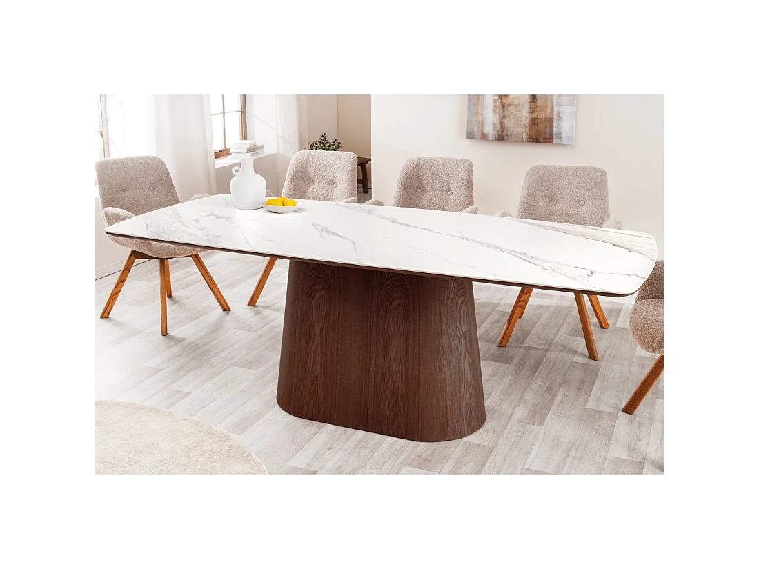 Tavolo rettangolare LUMEA – 200 cm – Piano in ceramica effetto marmo bianco e piede in legno scuro – Stile contemporaneo