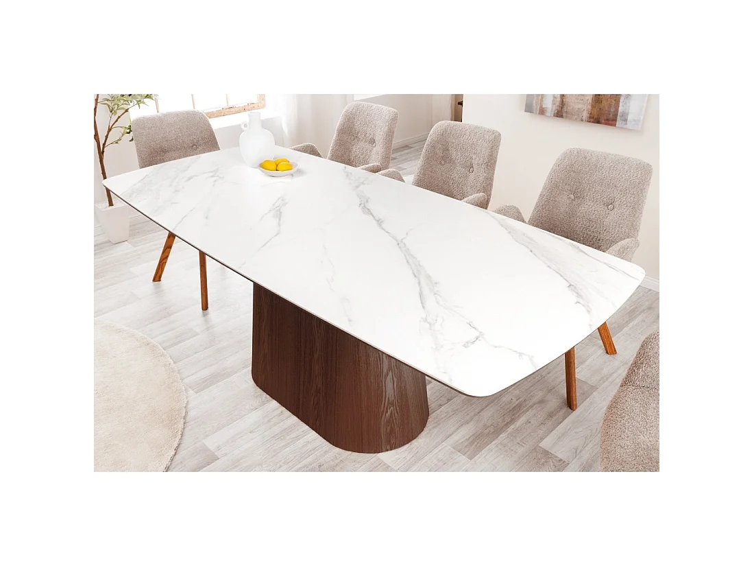 Tavolo rettangolare LUMEA – 200 cm – Piano in ceramica effetto marmo bianco e piede in legno scuro – Stile contemporaneo