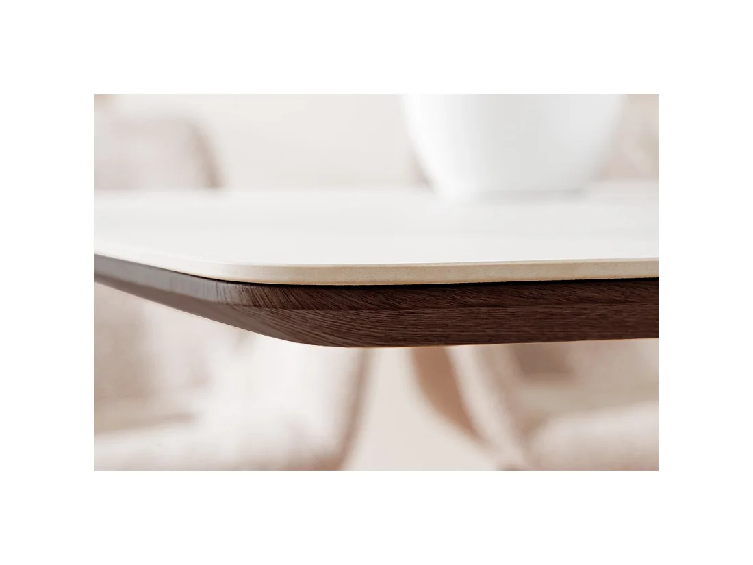 Tavolo rettangolare LUMEA – 200 cm – Piano in ceramica effetto marmo bianco e piede in legno scuro – Stile contemporaneo