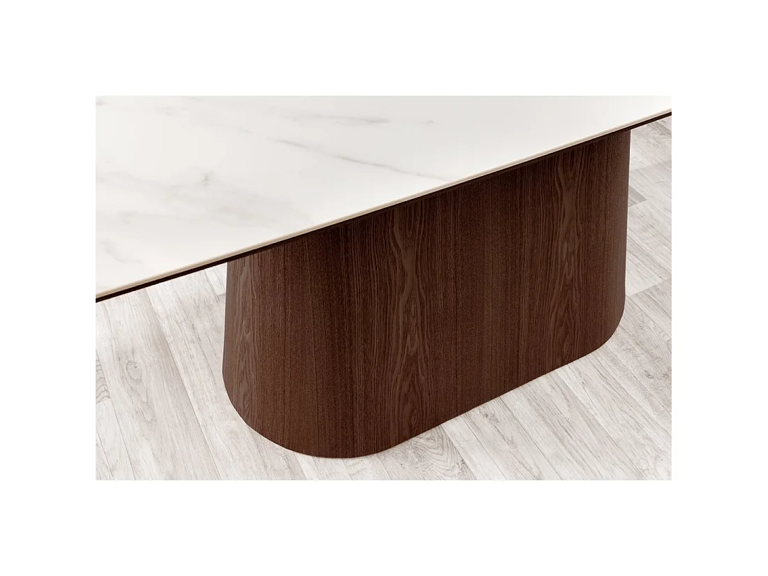 Tavolo rettangolare LUMEA – 200 cm – Piano in ceramica effetto marmo bianco e piede in legno scuro – Stile contemporaneo
