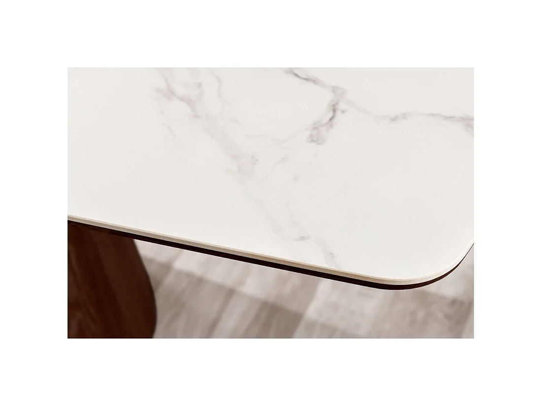 Tavolo rettangolare LUMEA – 200 cm – Piano in ceramica effetto marmo bianco e piede in legno scuro – Stile contemporaneo
