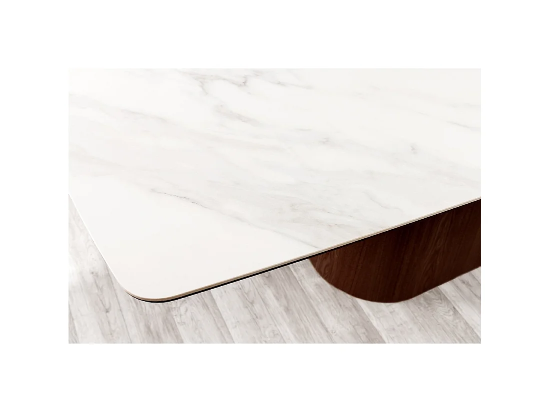 Tavolo rettangolare LUMEA – 200 cm – Piano in ceramica effetto marmo bianco e piede in legno scuro – Stile contemporaneo
