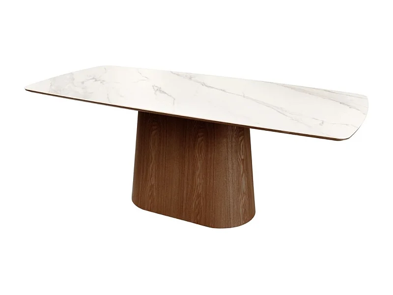 Rechthoekige tafel LUMEA – 200 cm – Tafelblad van keramiek met wit marmer effect en donker houten poot – Hedendaagse stijl