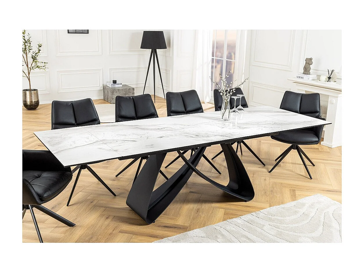 Table ZAREL – Extensible 180 à 260 cm – Céramique et verre trempé – Effet marbre blanc – Style contemporain