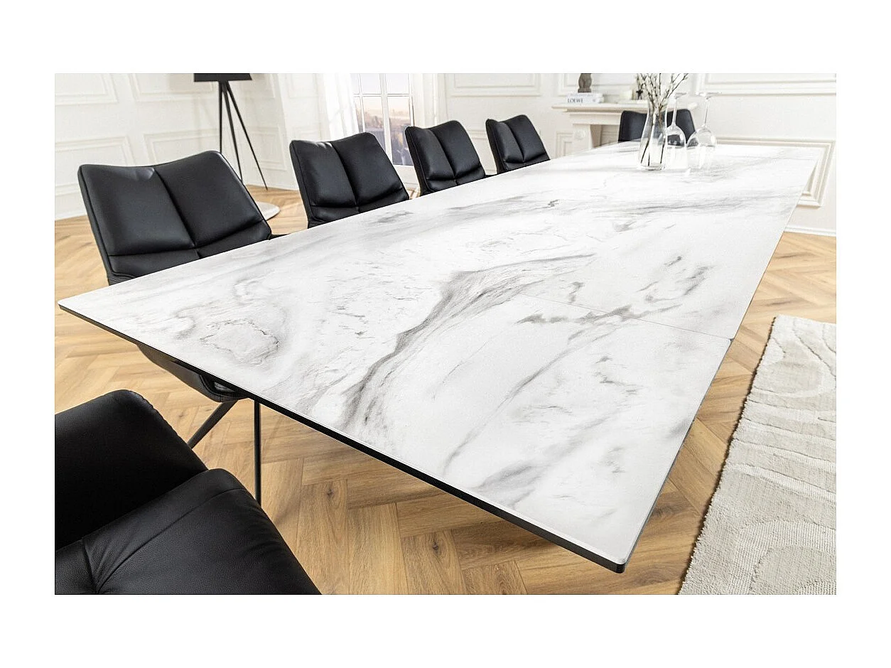 Table ZAREL – Extensible 180 à 260 cm – Céramique et verre trempé – Effet marbre blanc – Style contemporain