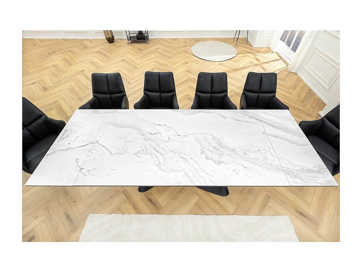 Table ZAREL – Extensible 180 à 260 cm – Céramique et verre trempé – Effet marbre blanc – Style contemporain