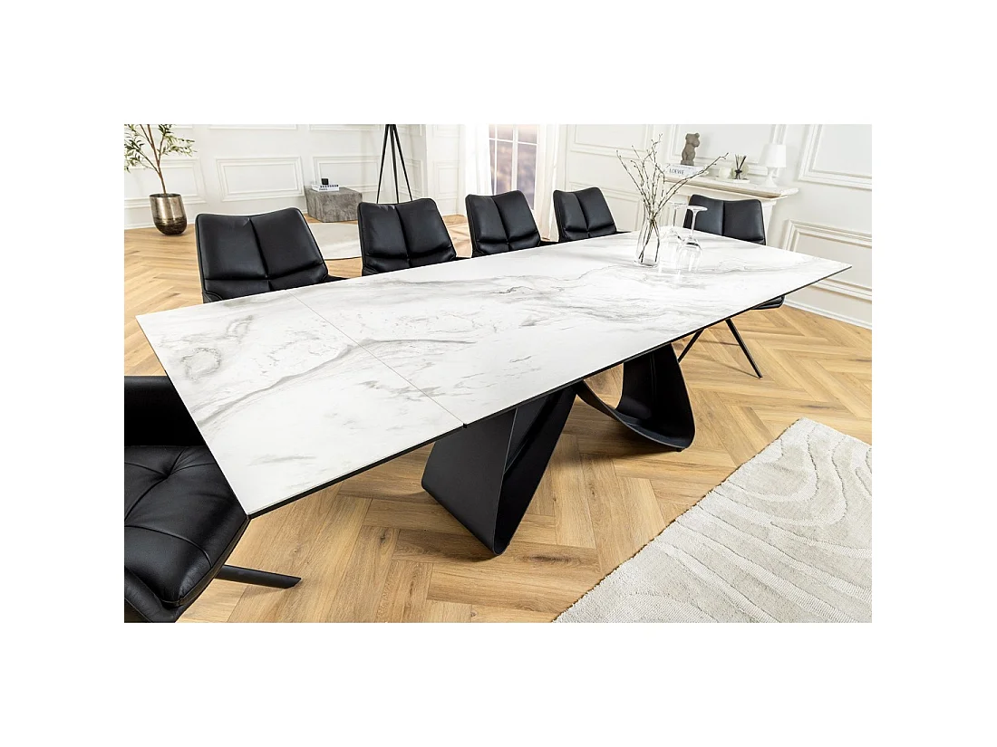 Table ZAREL – Extensible 180 à 260 cm – Céramique et verre trempé – Effet marbre blanc – Style contemporain