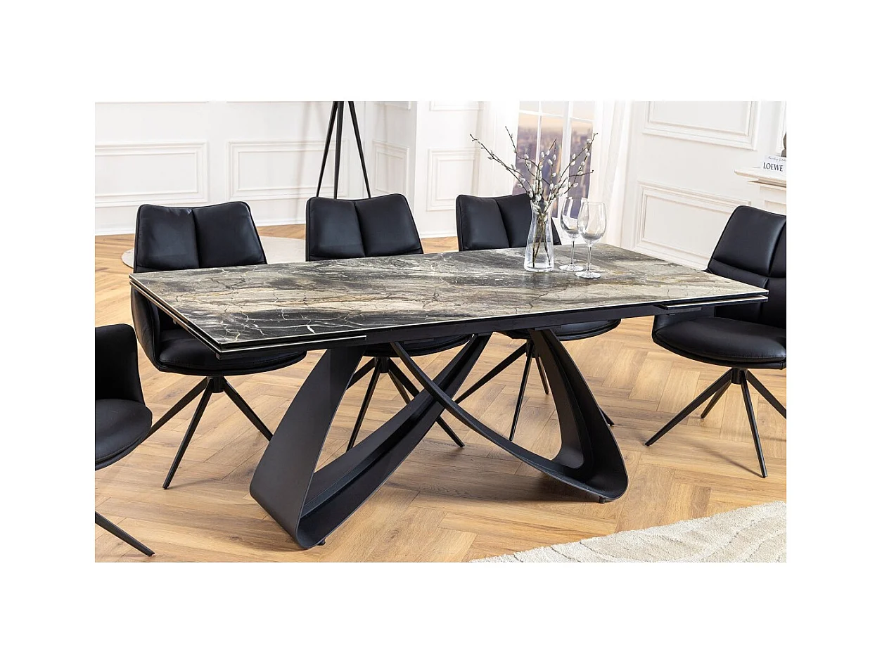 Table de salle à manger ZAREL – Extensible 180 à 260 cm – Céramique et verre trempé – Aspect marbre gris taupe