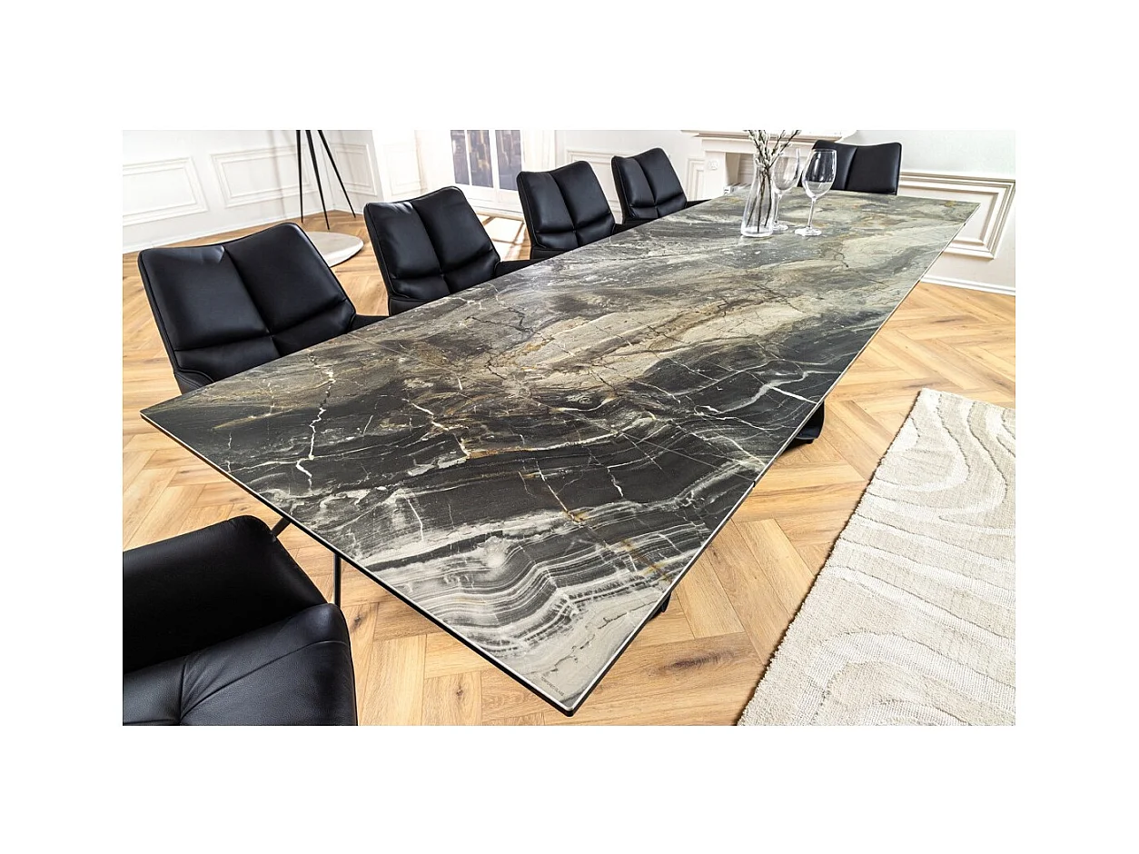 Table de salle à manger ZAREL – Extensible 180 à 260 cm – Céramique et verre trempé – Aspect marbre gris taupe