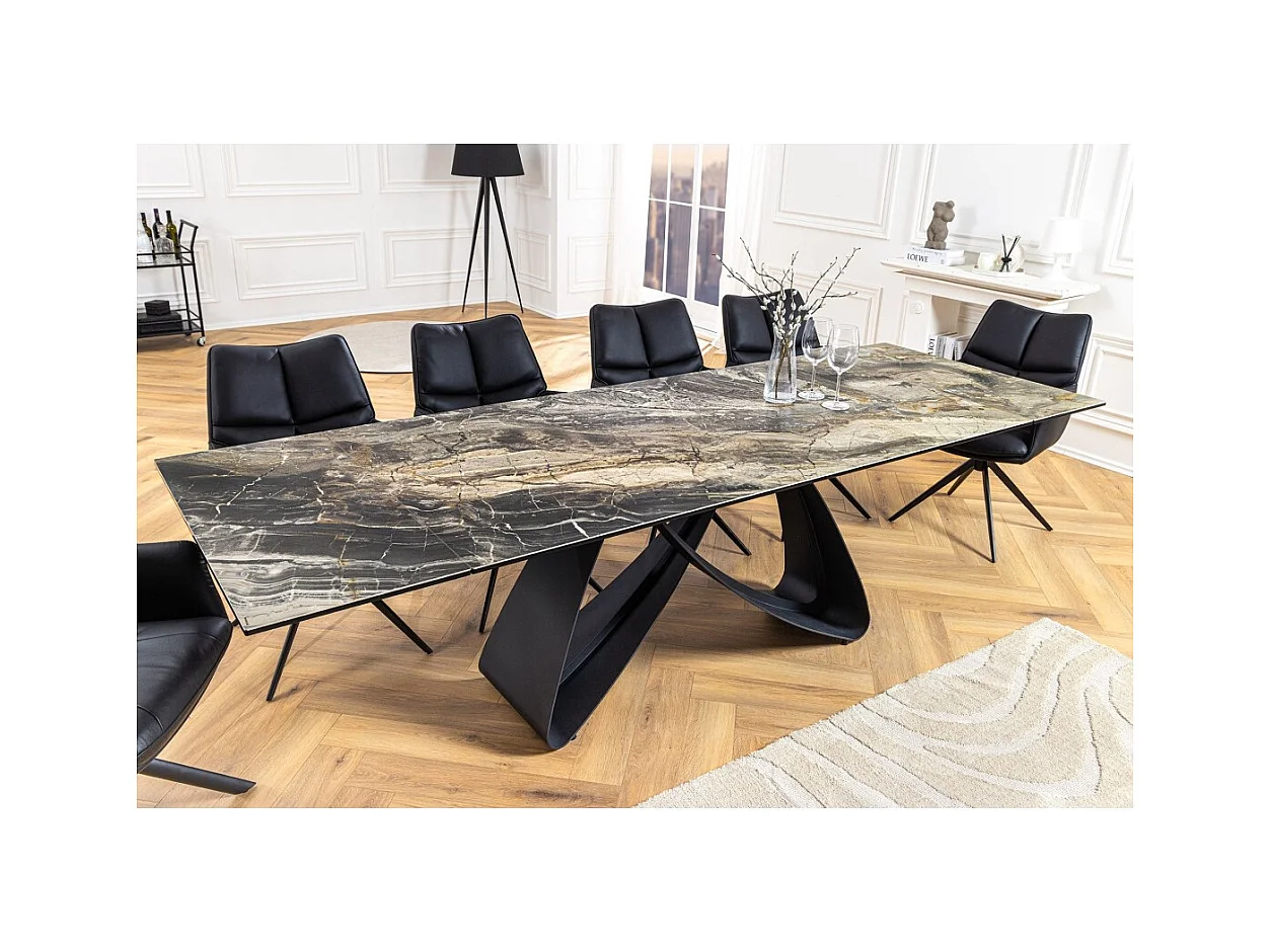 Table de salle à manger ZAREL – Extensible 180 à 260 cm – Céramique et verre trempé – Aspect marbre gris taupe