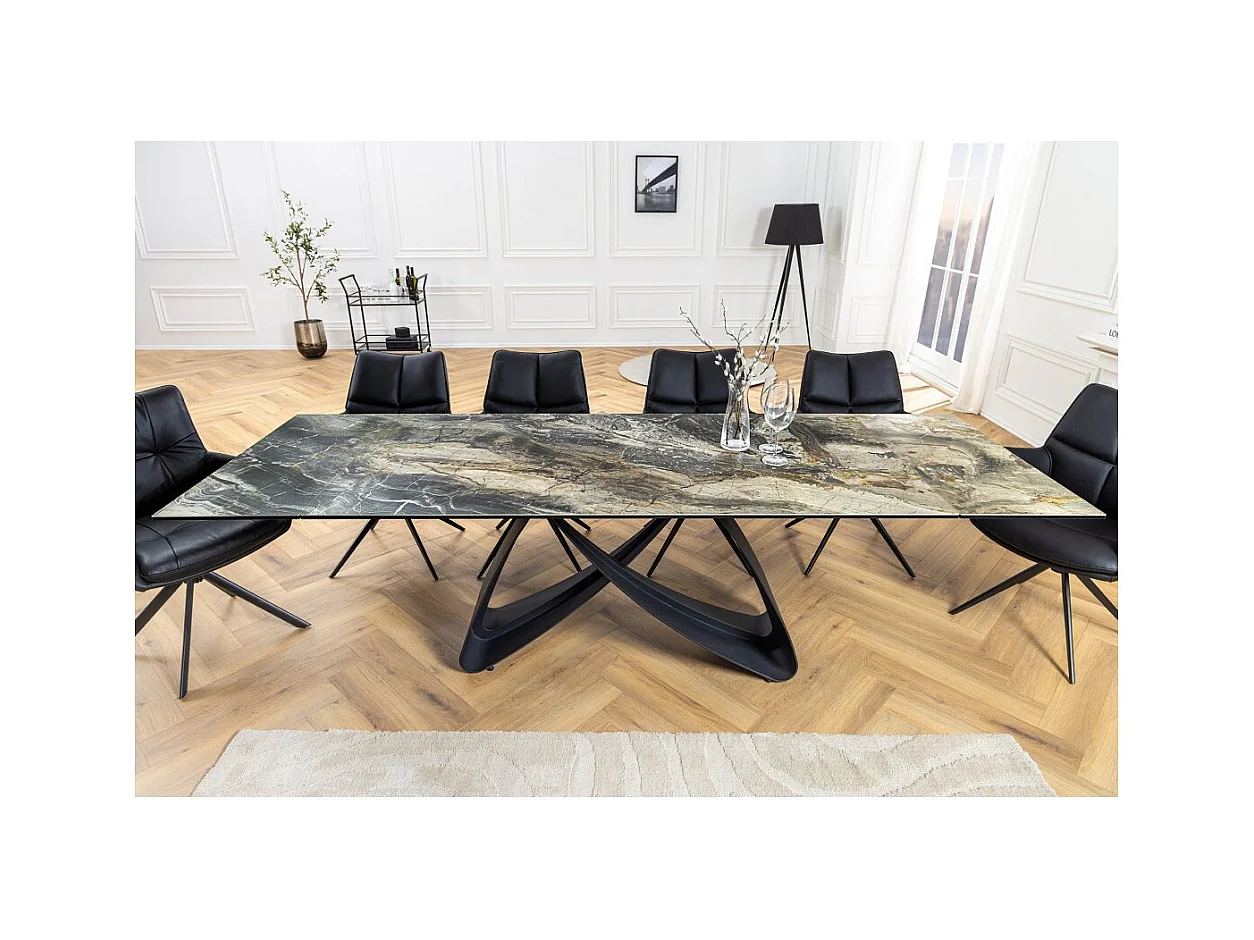 Table de salle à manger ZAREL – Extensible 180 à 260 cm – Céramique et verre trempé – Aspect marbre gris taupe