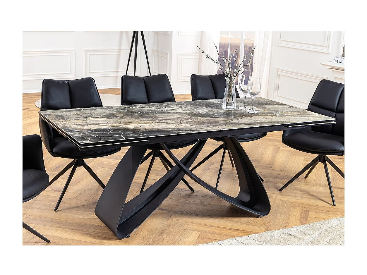 Table de salle à manger ZAREL – Extensible 180 à 260 cm – Céramique et verre trempé – Aspect marbre gris taupe